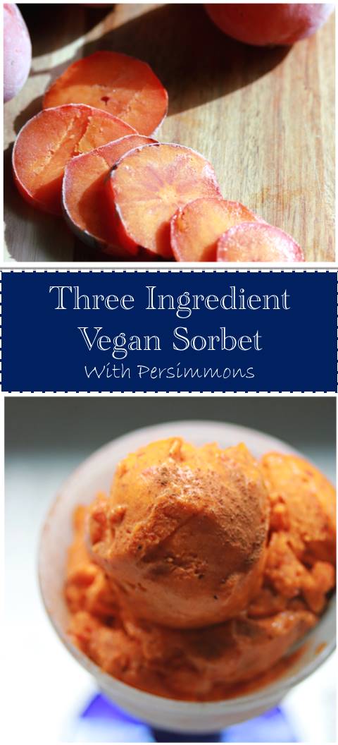Three ingredient vegan sorbet with persimmons! This 100% guilt free vegan sorbet honestly tastes like pumpkin pie and doesn't have the extra calories!