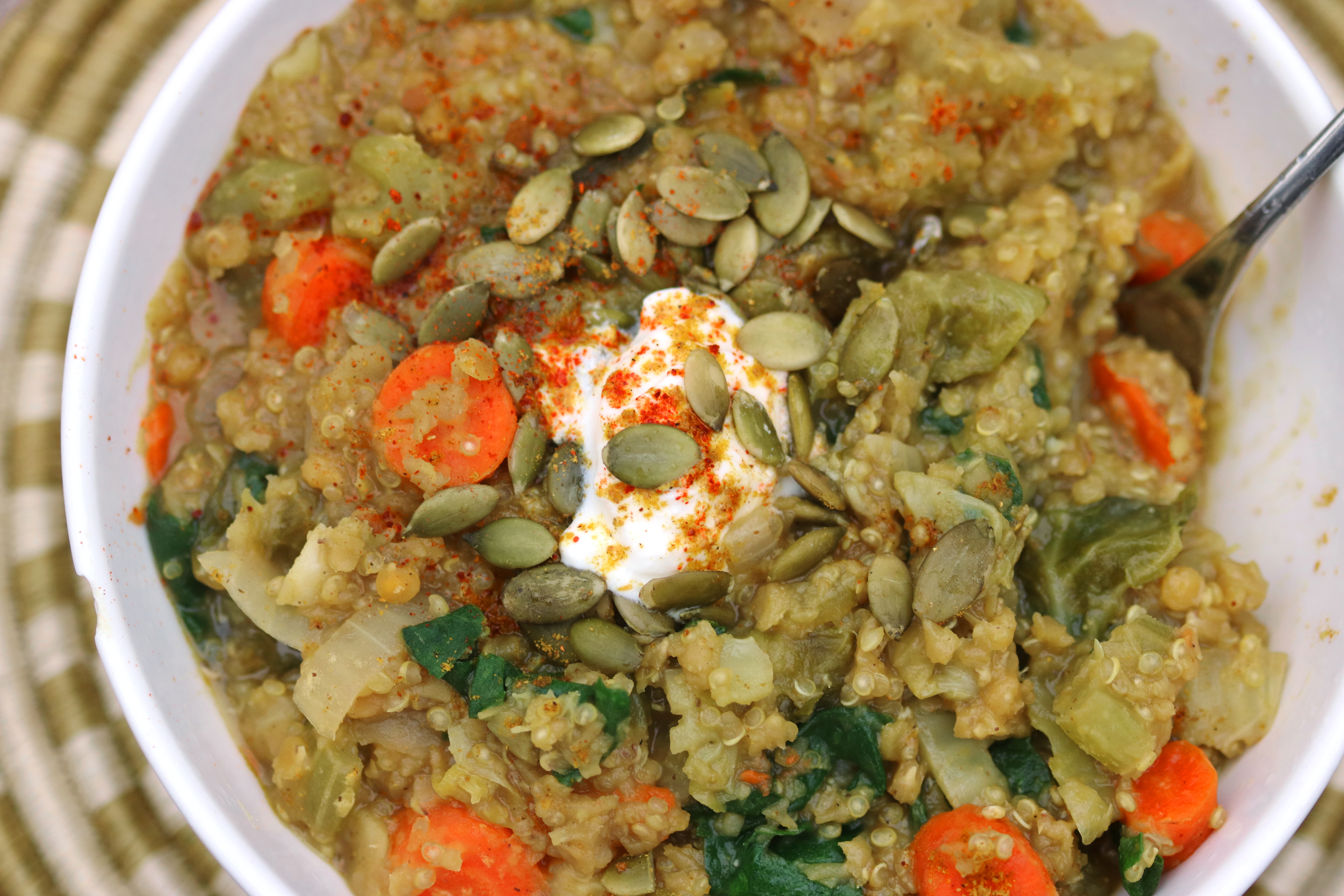 Thank goodness for healthy comfort food! This curried lentil stew with quinoa, turmeric, ginger and bone broth is going to keep me healthy all winter long!