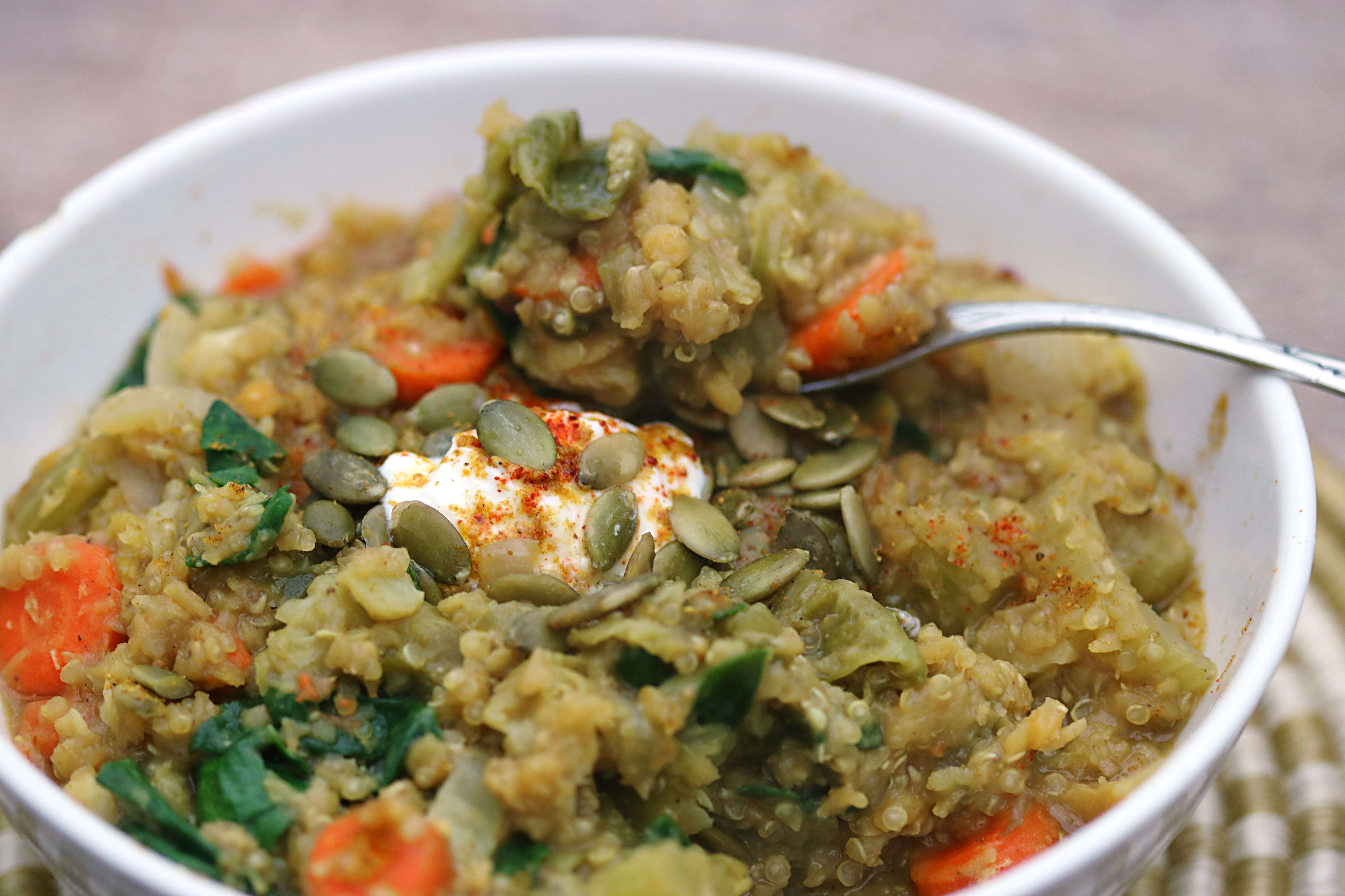 This curried lentil winter stew with turmeric, ginger, quinoa and bone broth was so good! I had so much energy after eating it this nutrient dense comfort food!