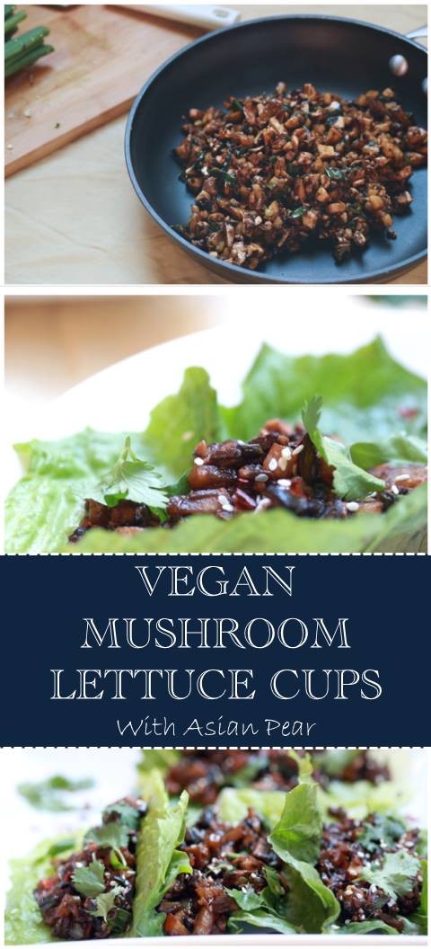These vegan mushroom lettuce cups are perfect as a healthy side dish, lunch, snack or appetizer! The recipe is easily multiplied and comes together in about 10-15 minutes. The Asian pear gives the filling a nice crunch and the mushroom mimics the feel of meat. A great alternative to chicken lettuce cups!