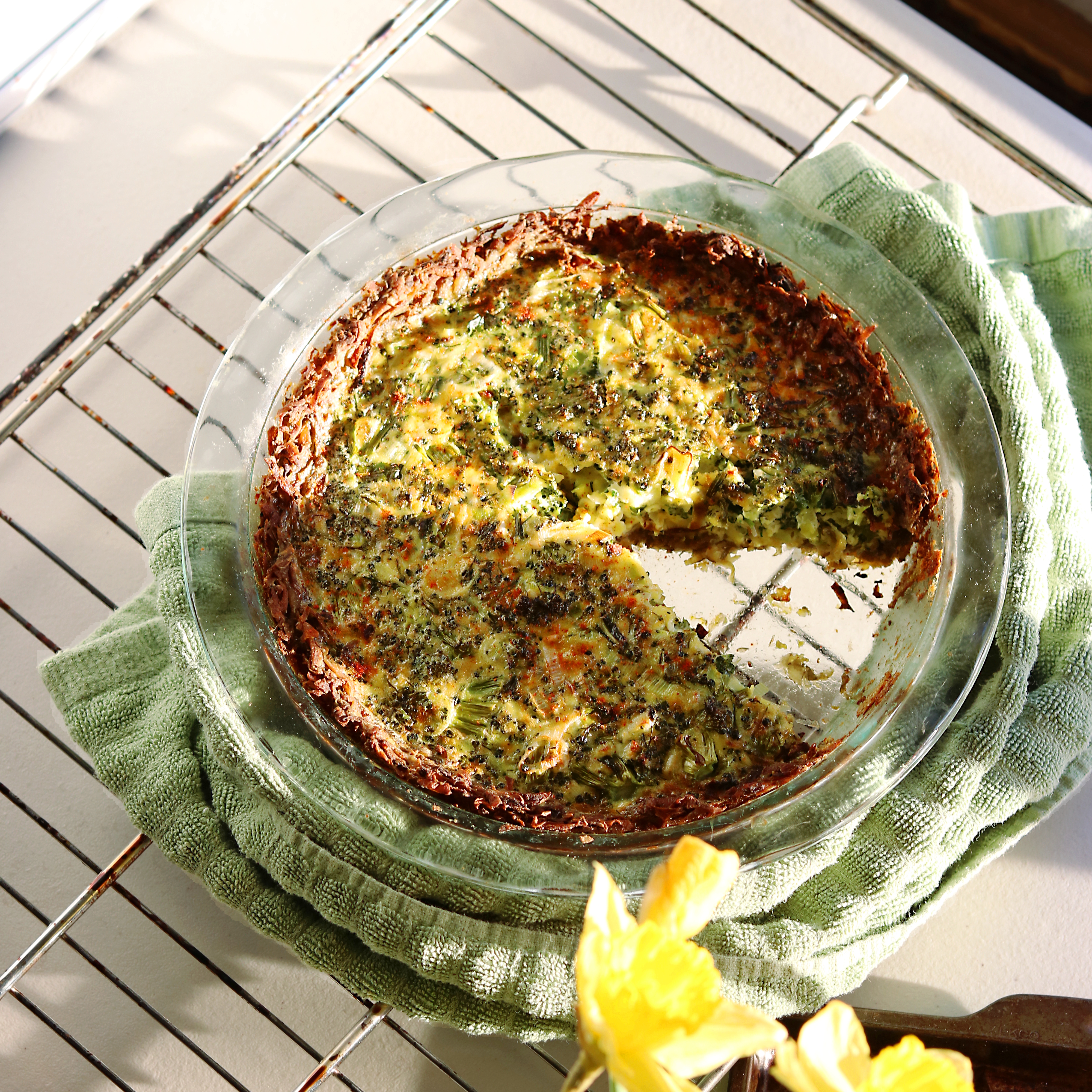 No Easter brunch is complete without an Easter quiche. If you've never had a vegetarian quiche with a vegetable crust you are in for a guilt free treat!