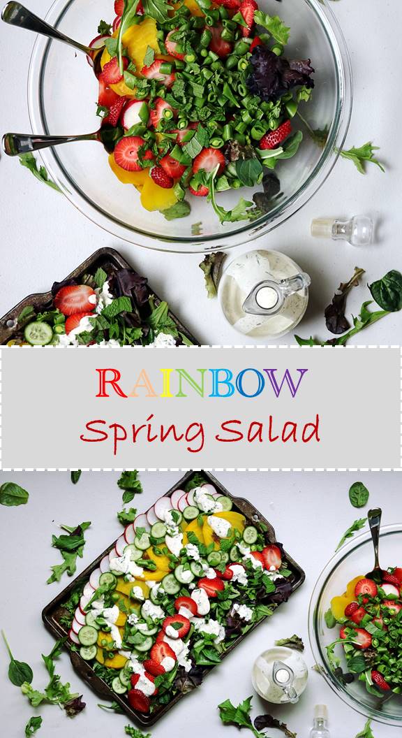 Get lot's of vitamins and minerals with this Rainbow Spring Salad healthy recipe. Strawberries, radishes, cucumbers, and beets are a perfect marriage of sweet, savory, refreshing and a little spicy. This Spring recipe is a stable all season!