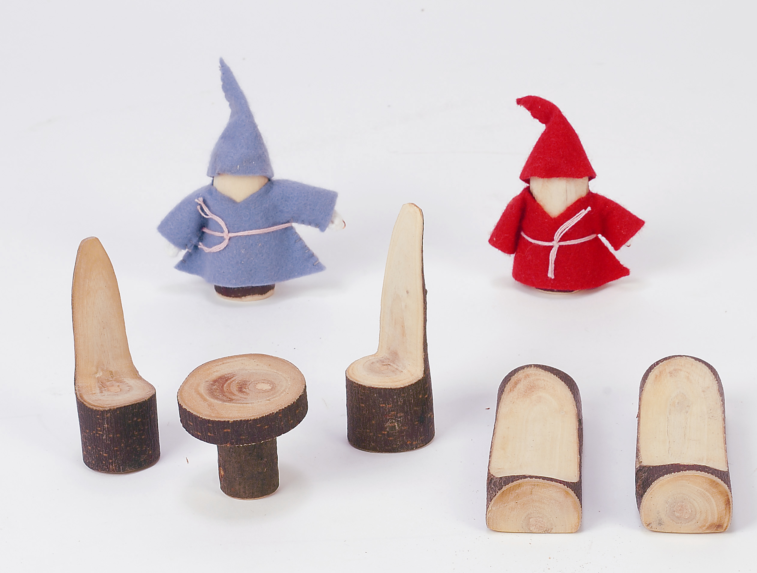 Tree blocks dolls and assorted furniture are a sustainable, eco friendly toy made of natural wood.