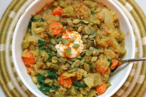 This curried lentil winter stew is the perfect comfort food without all the unhealthy. I love cozying up with a bowl of warm food and this lentil and quinoa stew is a powerhouse of winter cold fighting nutrients and comforting and warming spices: turmeric, ginger, cumin and cayenne..