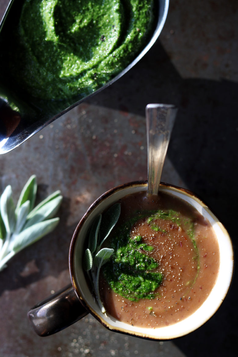 Creamy Potato and Cauliflower Soup with Arugula Pesto